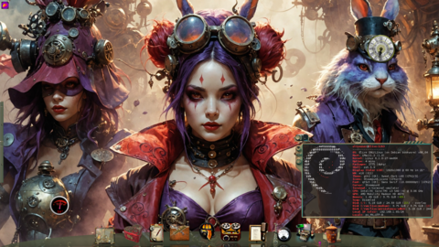 Captura de pantalla de mi entorno Enlightenment. Todos los elementos son coherentes con el estilo steampunk: controles y marcos toscos y en tonos de cobre y bronce, como maquinaria de inicios de la era industrial, iconos esquemórficos que aluden a artefactos de la época victoriana, los personajes de la imagen de fondo visten una interesante variante de la moda de esa época, son dos mujeres y un conejo humanoide, el color en común es el morado. En la parte inferior se ve Cairo-Dock, cada icono en el estilo steampunk mencionado. El de Firefox es la puerta redonda de un viejo horno industrial encendido, de una de sus rendijas se asoma una cola de zorro. En la parte inferior izquierda se ve un medidor de temperatura de CPU estilo velocímetro de auto. En la parte inferior derecha se ve una ventana de terminal mostrando la salida de fastfetch. 