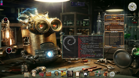 Captura de pantalla de Elive Linux, la imagen de fondo es un diseño digital realista que muestra lo que podría ser el laboratorio de un científico loco, con maquinaria y herramienta que parecería futurista en la era industrial. En el extremo izquierdo de la pantalla, hay tuberías que desembocan en lámparas incandescentes sobre las que se ven indicadores de aguja para medir la cantidad de memoria RAM y la temperatura del CPU (son widgets de Cairo-Dock que en realidad miden esos parámetros de la computadora). Cerca del centro de la pantalla, pero aún del lado izquierdo hay un robot mediano que parece un Minion, pero hecho de metal, con bujías en la cabeza que transmiten rayos eléctricos entre una y otra. El personaje se encuentra sobre una mesa de trabajo en la que hay varias herramientas. A los pies del personaje, hay una ventana de terminal con bordes estilo industrial y botones en la misma temática ubicados en el borde vertical izquierdo. La barra de título muestra un botón radial sobre una pequeña pantalla que pareciera poder girar horizontalmente (como los espejos de los salones de belleza) y muestra una virgulilla para indicar que la ruta de trabajo actual es el directorio del usuario. El contenido de la ventana es una salida de fastfetch que muestra, en arte ASCII, el logo de Debian, distribución en la que se basa Elive Linux, a su derecha se observa un listado con varios datos del sistema, entre los que destaca que se trata de una computadora iMac con 4 GiB de RAM. En la parte inferior de la pantalla está Cairo-Dock, con varios elementos mostrados en un tema de iconos de estilo victoriano-industrial. A la derecha, cubriendo el fondo del laboratorio que tiene estanterías con instrumental de química, se ve la ventana de Audacity, con una piel de Winamp que lo hace parecer un estéreo construido en estilo steampunk, con botones analógicos y válvulas en cada uno de los canales del ecualizador, se está reproduciendo Steam Machine de Daft Punk. En la parte superior central se ven las miniaturas de tres ventanas y en la esquina superior derecha un reloj de pared clásico parecido a la carátula del Big Ben.
