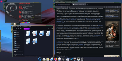 Escritorio de Enlightenment 16 con Cairo Dock en la parte inferior y una ventana de terminal zsh mostrando la salida de fastfetch. La ventana tiene marcos en estilo steampunk, con bordes irregulares color cobre, en la conjunción de los bordes superior e izquierdo están los botones de control de la ventana, asemejando bobinas industriales de diferentes formas según su función. El título de la ventana aparece en una cápsula con borde metálico integrado al resto del marco de la ventana. El fondo de escritorio es un arte digital en estilo abstracto de ondas suaves en tonos que van del azul al púrpura.